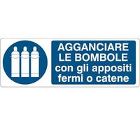 UNI - Agganciare le bombole con gli appositi fermi o catene - CARTELLO SEGNALETICO ISO 7010 in Adesivo Resistente, Pannello in Forex o Pannello In Alluminio (PANNELLO IN ALLUMINIO 30X12 CM)