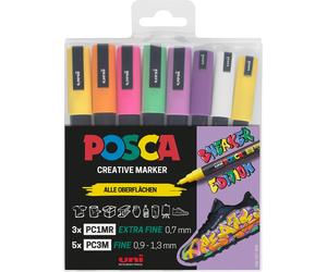 uni-ball 186828 Posca Marker Set Sneaker Pens 8 Case Opaque on Dark Surfaces Lig