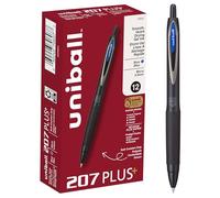uni-ball 207 Plus+ - Penne a sfera a inchiostro gel retrattile, confezione da 12, colore blu, con punta micro da 0,5 mm, inchiostro liscio, vivace e protegge da acqua, sbiadimento e frodi