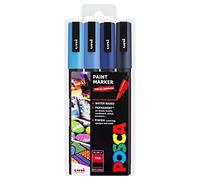 Uni-Ball-Posca, PC-3M, set di 4 pennarelli per decorazioni artistiche, in custodia di plastica, diverse gradazioni di blu