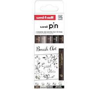 Uni-Ball SET BRUSH ART - Confezione da 5 pennarelli calibrati da 0,1 a 0,5 mm, colore: nero, grigio e seppia