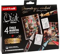 Uni-Ball 186831 - Set di pennarelli a gesso Xmas trad, 4 pennarelli con 2 stencil, UNI CHALK MARKER, pennarelli a gesso per finestre