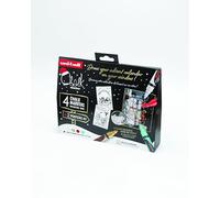 Uni Ball - Set Natalizio Pennarelli Lavabili Cancellabili per Vetro, Vetrine e Superfici Lucide, Set 4 Marcatori Punta Tonda 2,5mm e 2 Illustrazioni Tema Natale, Cartoleria Resistente a Pioggia e Luce