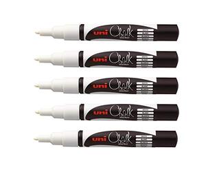 uni-ball - Uni Mitsubishi Pencil - Pennarelli Gesso Chalk Marker PWE-3M - Multiuso - Resistente alla pioggia - Ideale vetro specchio lavagna, punta conica fine - Confezione da 5 - Bianco