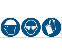 UNI - Casco, occhiali e guanti protettivi obbligatori - CARTELLO SEGNALETICO ISO 7010 in Adesivo Resistente, Pannello in Forex o Pannello In Alluminio (ADESIVO 15X6 CM)
