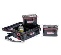 Uni CAT Tackle Carrier S, nero, materiale impermeabile, 38 x 25 x 12 cm, 2 scatole interne con coperchio rigido, tracolla imbottita, per pesca a galleria, container