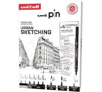UNI PIN - Brush Pen Fine Liner per Urban Sketching, Kit Disegno Tecnico con Pennarelli Indelebili Punta Fine, Pennello, Scalpello e Portamine, Set per Imparare a Disegnare - Set Penne Nere + Tutorial