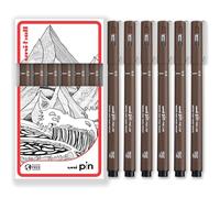 Uni Pin - Penna da disegno a punta fine, inchiostro seppia, punta da 0,5 mm, confezione da 6, in confezione regalo