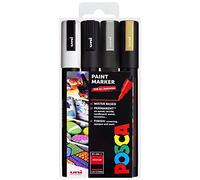 Uni POSCA PC-5M - Set di 4 pennarelli per pittura artistica, in plastica, colore: nero, bianco, oro e argento