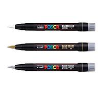 Uni Posca PCF-350 evidenziatore con punta a pennello - per tessuto, vetro, metallo - set colori argento, oro & bianco (1 di ognuno).