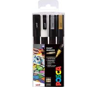 Uni Posca Pittura Marcatori PC-5M Mono Colori Set Di 4 (Nero, Bianco, Argento,