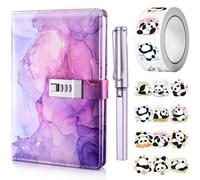 UNIANE Diario con lucchetto per ragazze, Diario A5 con codice, Quaderni con lucchetto con penna e set di adesivi divertenti, Quaderni in pelle PU, Diari di marmo segreti per regalo di compleanno (22 x