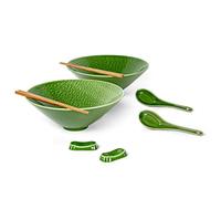 UNICASA Ciotola da ramen in ceramica giapponese, 2 pezzi 1100 ml ciotole per pasta ciotole per zuppa ciotole per insalata con cucchiaio e bacchette, Verde scuro