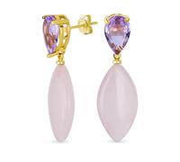 Unico Geometrico Lineare Di Quarzo Rosa A Forma Di Rombo A Goccia Viola CZ E Naturale Multi-Tier Gemstone Party Orecchini Pendenti Per Le Donne In 14K Placcato Oro Giallo