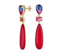 Unico Geometrico Lineare Rosso Turchese Allungato Piatto A Goccia Rettangolo Multi Forma Arcobaleno Rosa CZ & 3 Multi-Tier Naturale Gemma Partito Orecchini Pendenti Per Le Donne In Argento Placcato