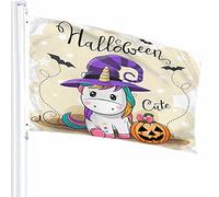 Unicorn Flag Decor 3x5 Ft Halloween Simpatico Cavallo Animale Zucca Cartone Animato Adorabile Pipistrello Cappello Arcobaleno Poliestere Motivo Stampato Decorazioni per Esterni per Case e Giardini