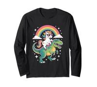Unicorn Riding T Rex Rainbow Dinosaur with Stars Maglia a Manica