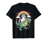 Unicorn Riding T Rex Rainbow Dinosaur with Stars Maglietta