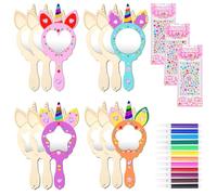 Unicorni, 27 specchi in legno da dipingere per bambini, set fai da te per il compleanno dei bambini con 12 specchi in legno da dipingere per bambinis, 12 matite colorate, 3 adesivi con strass, regalo