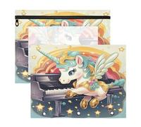 Unicorno Carino Che Suona Il Pianoforte Astucci per Matite Trasparenti con 3 Anelli per Raccoglitore(2 Pack)