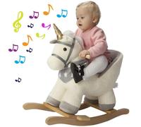 Bakaji Unicorno a Dondolo Cavalluccio Cavalcabile Peluche Giocattolo per Bambini con Effetti Sonori Maniglie e Cintura di Sicurezza Beige