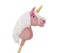 Unicorno Hobby Horse su un bastone, rosa antico con criniera bianca e corno dora