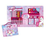 Unicorno Valigetta Colori per Bambini,Set 52 Pz per Disegnare e Dipingere 1 Tavolozza con 10 Acquerelli 1 Pennello 1 Spugnetta 8 Pennarelli 8 Pastelli a Cera 1 Righello 1 Matita 1 Gomma Stickers