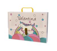 "Unicorno" Valigetta In Polipropilene Personalizzata Con Nome 27x37cm Con Maniglia e Chiusura Colorate Abbinate Idea Regalo Scuola Elementari Medie Arte Disegno Musica Tecnologia Catechismo Cartella