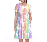 Unicorns On Colorful Stripes - Vestito estivo da donna, casual, da picnic, vacanze, a maniche corte, S-3XL, Nero, S