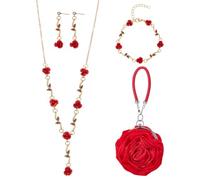 UNICRAFTALE 1 set da 4 pezzi con rose rosse, set di gioielli con fiori, collana e orecchini, bracciale per donne, pochette rosa, pochette dorate, per feste, regalo per la festa della mamma
