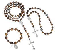 UNICRAFTALE Set di 3 gioielli in perle di pietra lavica naturale, ornamenti da appendere, pietre miste, argento anticato, ciondolo a forma di croce per uomo e donna, 67cm, Pietra mista