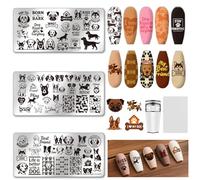 UNICRAFTALE Set di 3 simpatici piastre per timbri per unghie con motivo cane e animali domestici, per amare i cuccioli, motivo: zampe di cane, con raschietto