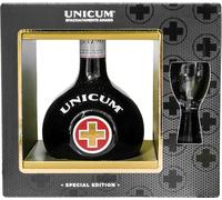 UNICUM Amaro Sfacciatamente Amaro Special Edition con Bicchiere Originale, Liquore in Bottiglia di Vetro, 70cl, Confezione Regalo