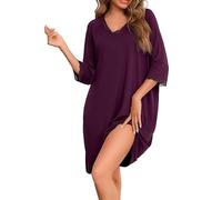 Uniexcosm Camicia da Notte, Camicia Notte Donna Cotone Modale in Pizzo Scollo a V con Tasca Manica a 3/4 B-Rosso Porpora Intenso 3XL