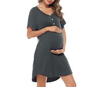 Uniexcosm Camicie Notte Donna, Camicia da Notte Parto Ospedale Camicia da Notte Allattamento con Bottoni Scollo a V Camicia Premaman Manica Corta Raglan Adatto Casa Rete Grigio Scuro S