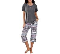 Uniexcosm Pigiama Donna Estivo con Colletto Aperto e Bottoni Pigiama da Donna Corto Estivo Set da Donna con Pantaloni Corti Stampati a 3/4 PAT4 M
