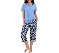Uniexcosm Pigiama Donna Estivo con Colletto Aperto e Bottoni Pigiama da Donna Corto Estivo Set da Donna con Pantaloni Corti Stampati a 3/4 PAT2 L