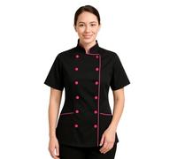 Uniformates Giacca da cuoco da donna a maniche corte e divisa da cuoco per maestro chef e pizzaiolo (Small, Nero (Piping rosa))