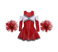 Uniforme Da Cheerleader Costume da ballo uniforme da cheerleader for bambina, manica lunga, scollo tondo, scollo tondo, colore a contrasto, con paillettes lucide Costume Da Cheerleader(Red B,16)