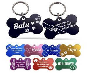 Unikat Branding | Targhetta per cani in confezione singola, cane, gatto e padrone, personalizzabile, su entrambi i lati con incisione | osso | 38 mm (blu)