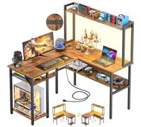 Unikito Scrivania da gioco a forma di L con striscia LED e prese di corrente, scrivania reversibile a forma di L con ripiani portaoggetti, scrivania angolare con gabbia, scrivania per 2 persone, per