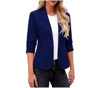 Unimate Giacca da donna arrotolabile con maniche a 3/4, con risvolto, leggera, elasticizzata, con bottone singolo, con tasche, ritagliata, per ufficio, lavoro, colloquio di lavoro, Blu scuro, L