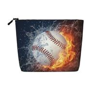 Un'immagine di una palla da baseball nell'acqua e nel fuoco, Borsa per cosmetici in lino sintetico Borsa per trucco Borsa da viaggio portatile