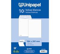 Unipapel | Buste di carta bianche da 100 g | 184 x 261 mm | 10 pezzi | Tipo sacchetto | striscia autoadesiva in silicone Autodesk | Apertura superiore | FSC | Perfetto per documenti A4 piegati in 2 o