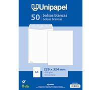 Unipapel - Buste di carta bianche da 100 g | 229 x 324 mm | 50 pezzi | Tipo sacchetto | Striscia autoadesiva in silicone Autodesk | Apertura superiore | FSC Documenti A4 senza pieghe