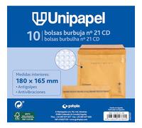 Unipapel - Buste imbottite Kraft per CD con carta a bolle interna, n. 21 180 x 165 mm, chiusura autoadesiva, confezione da 10 pezzi, perfette per spedizioni sicure e protette, certificato FSC