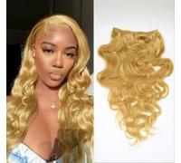 Unipearl Extension ondulate con clip in capelli veri, 55 cm, 22 pollici, 8 pezzi, 120 g, #27, biondo miele, per donne Body Wave Remy Hair Extension Clip in