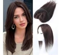 Unipearl - Parrucche con capelli umani 100% reali per donne con capelli sottili, parrucche naturali marroni con clip per aggiungere volume, base in seta traspirante senza frangia, volumizzante per la