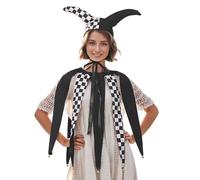 UniqKaliber Jingle Bells - Set di collana e cappello da giullare natalizio a scacchi vittoriano con campanellini