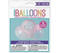 Unique-16 Clear Latex Balloons | Cute Pink Heart Confetti | 5ct Simpatico cuore rosa Palloncini Coriandoli-40 cm-Baby Shower con Cuori Confezione da 5, large, 73379